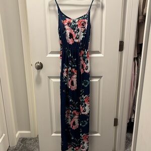 Navy Blue Floral Maxi Dress with Pink Roses